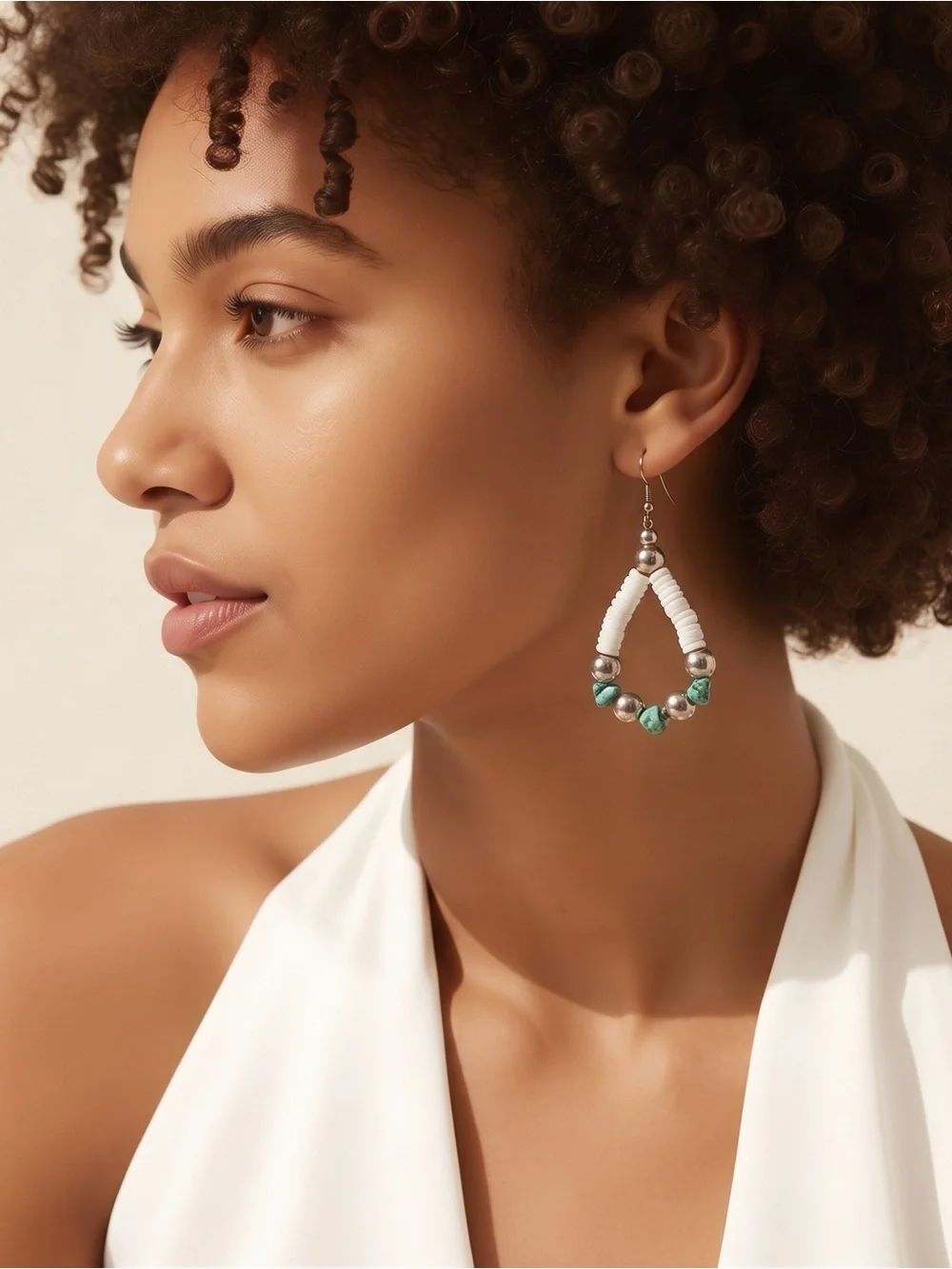 Handmade White & Turquoise Beaded Hoop Earrings - Women Jewelry☑️